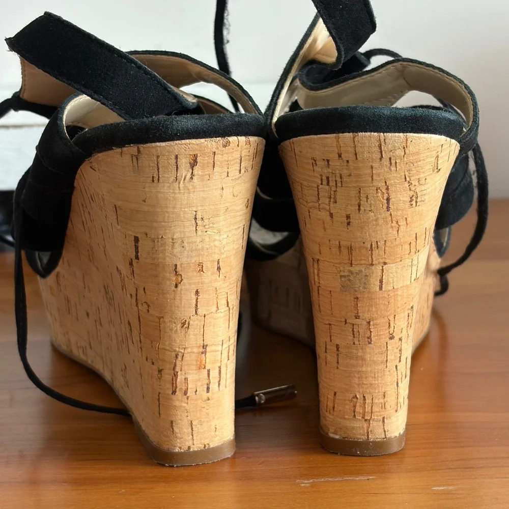 Limelight Black Faux Suede Lace Up Cork‎ Wedge Sandals Womens Size 10